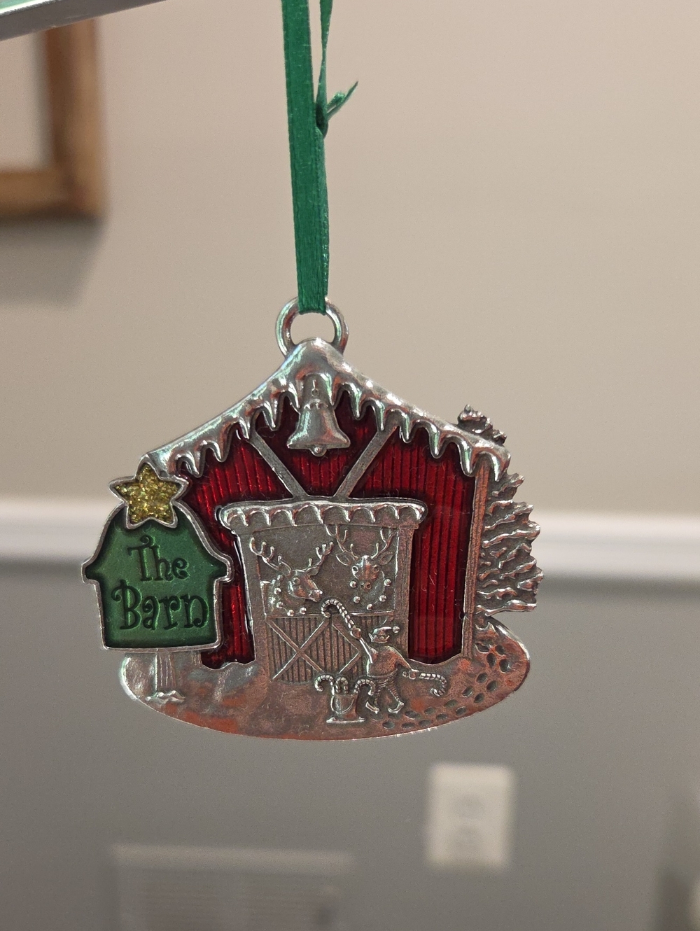 The Reindeer Barn 2023 Ornament By Danforth - Red and Green Hanging Decoration